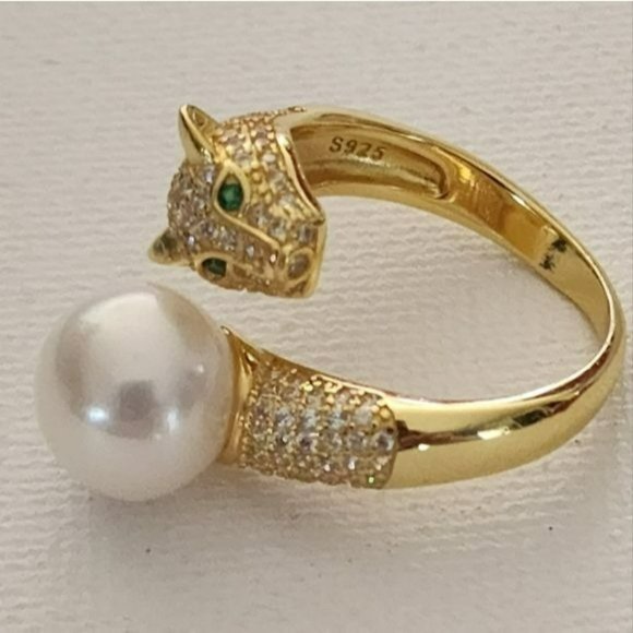 925S Genuine 10 mm Freshwater Pearl Adjustable Gold Ring With Leopard Design - Picture 7 of 16